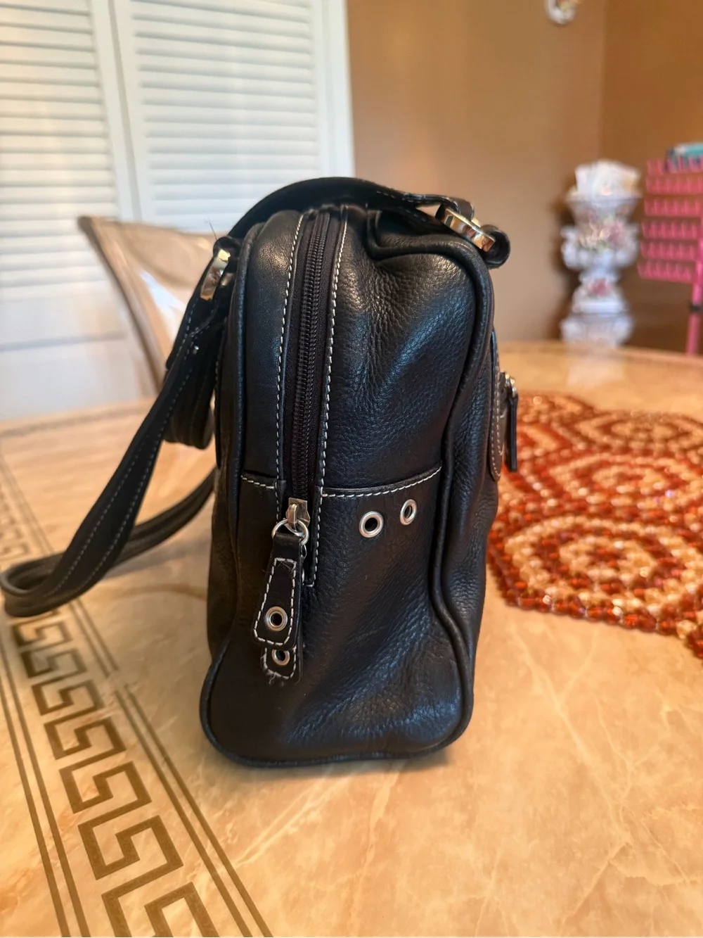 Tignanello Black Shoulder Bag with White Contrast Stitching.